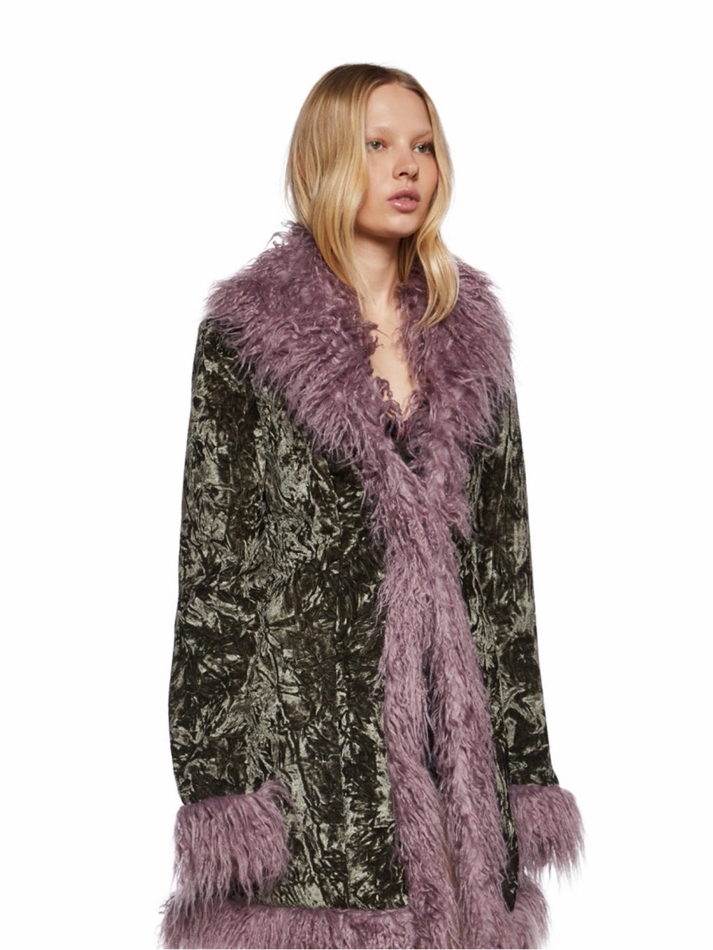 Olive Velvet Coat with Mauve Faux-Fur Trim dolls kill - Picture 3 of 5